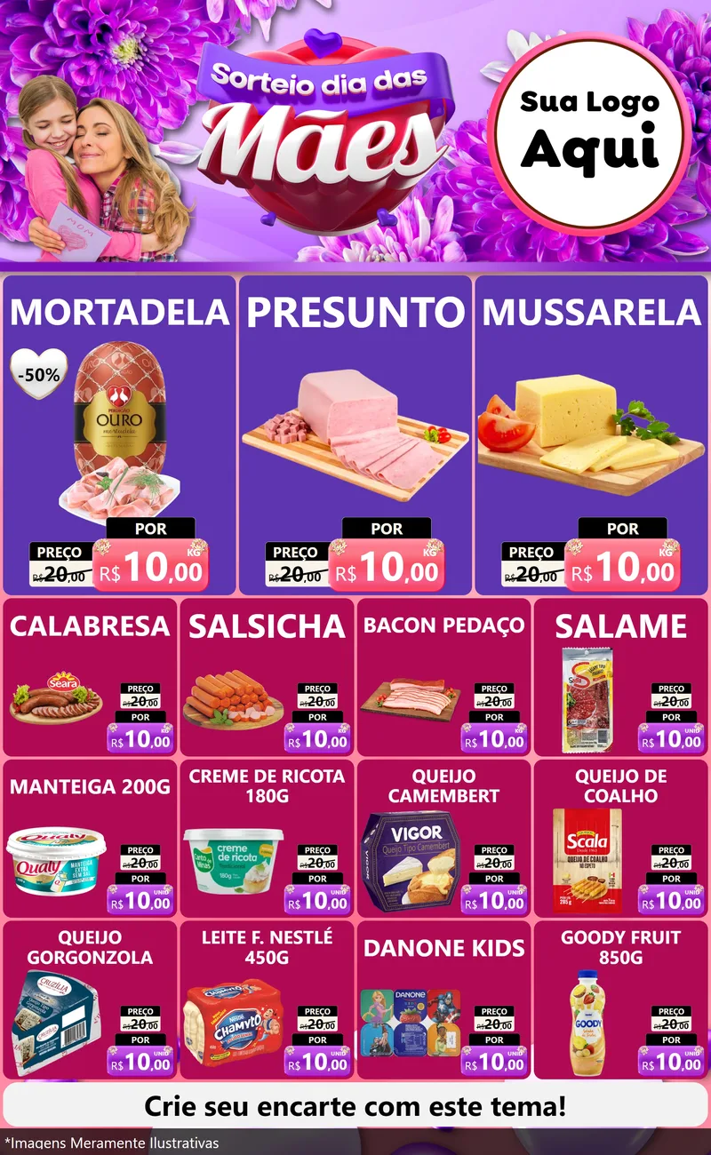 Modelo de Encarte para Encarte Grande com o tema Sorteio Dia das Mães para Frios e Laticínios