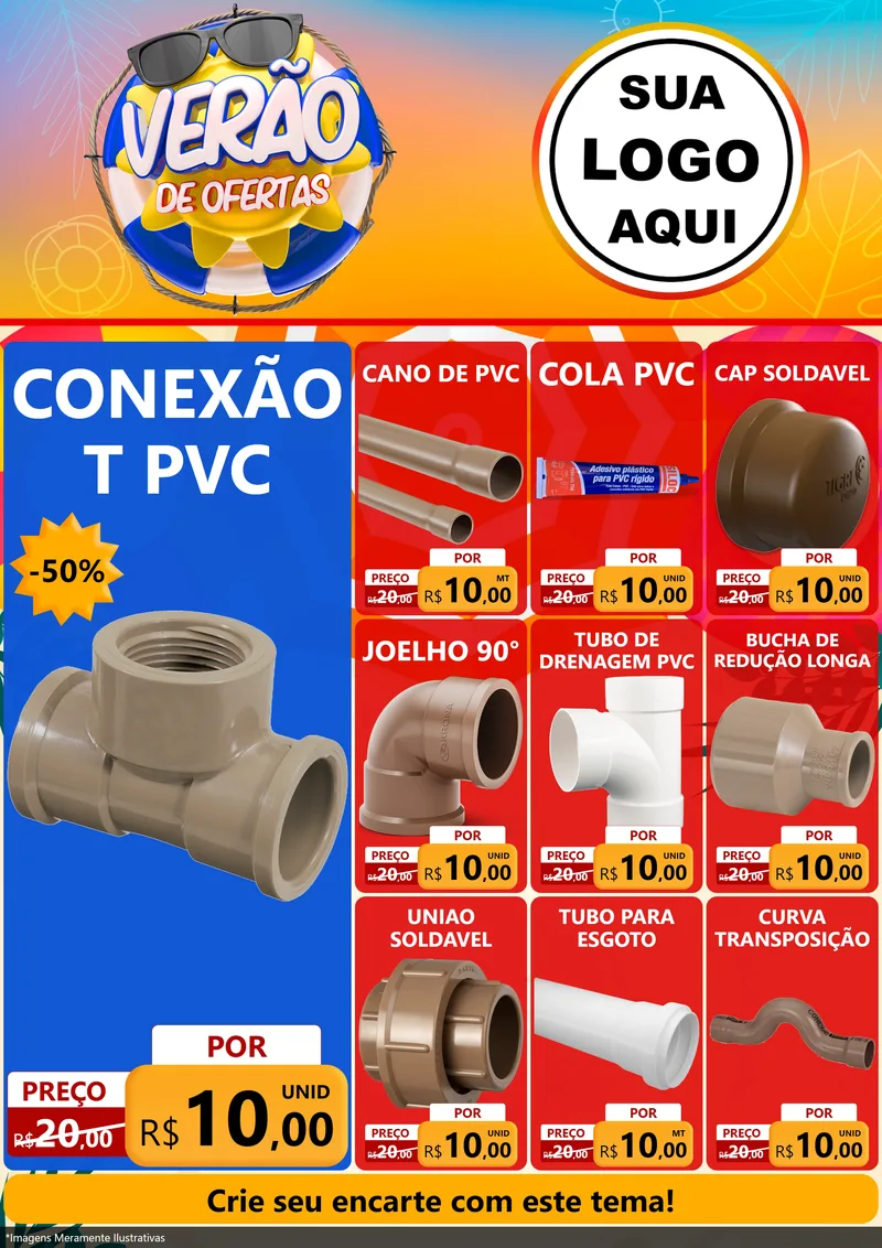 Modelo de Encarte para Encarte A4 Vertical com o tema Verão de Ofertas para Tubos e conexões