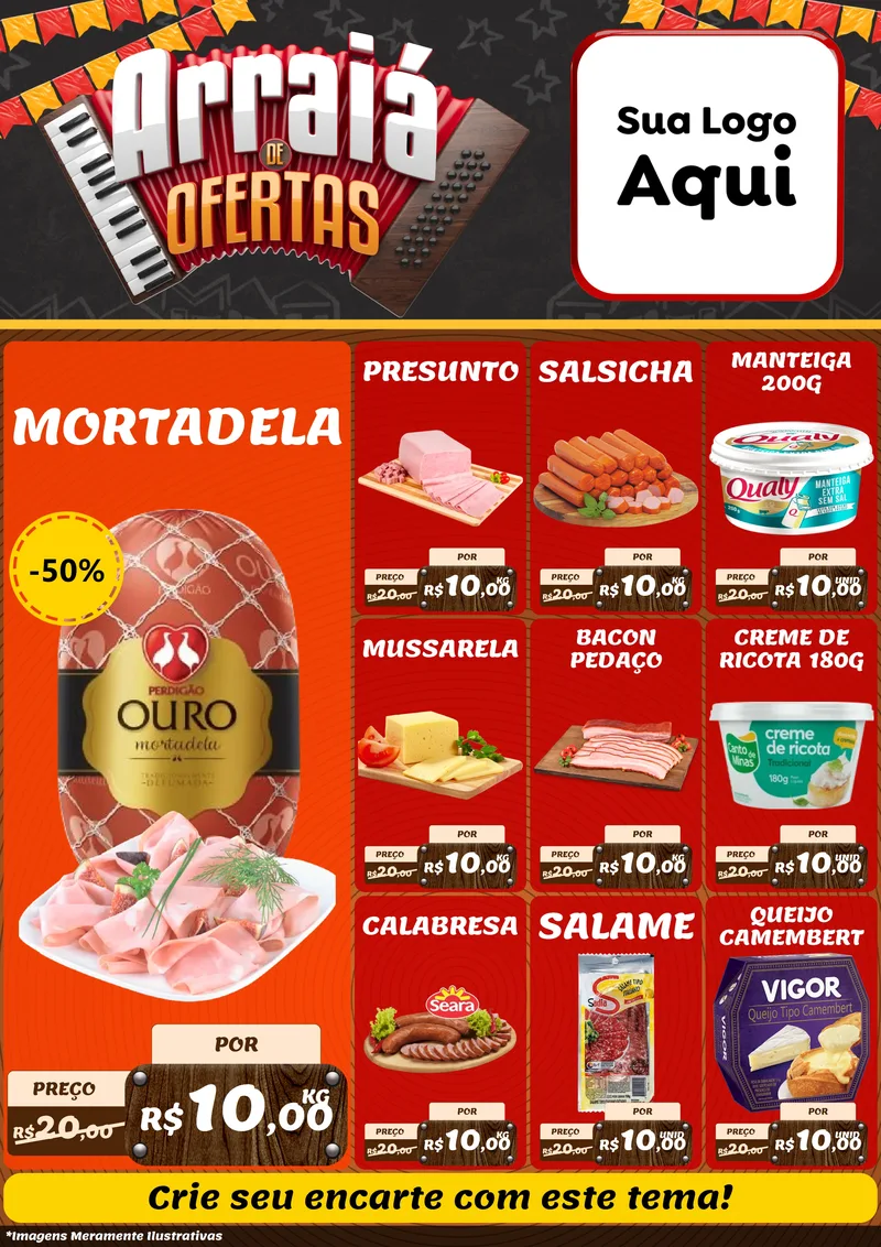 Modelo de Encarte para Encarte A4 Vertical com o tema Arraiá de Ofertas - Junina para Frios e Laticínios