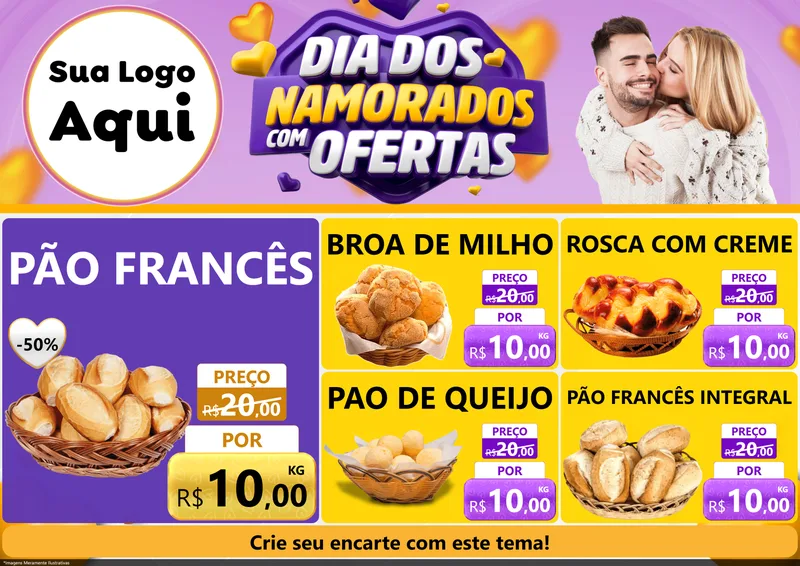Modelo de Encarte para Encarte A4 Horizontal com o tema Dia Dos Namorados Com Ofertas para Padaria