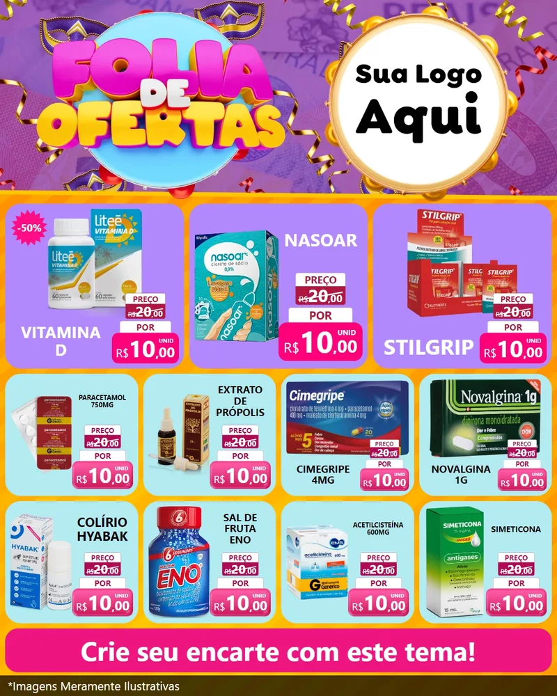 Modelo de Rede Social para Feed Instagram com o tema Folia de Ofertas para Farmácia