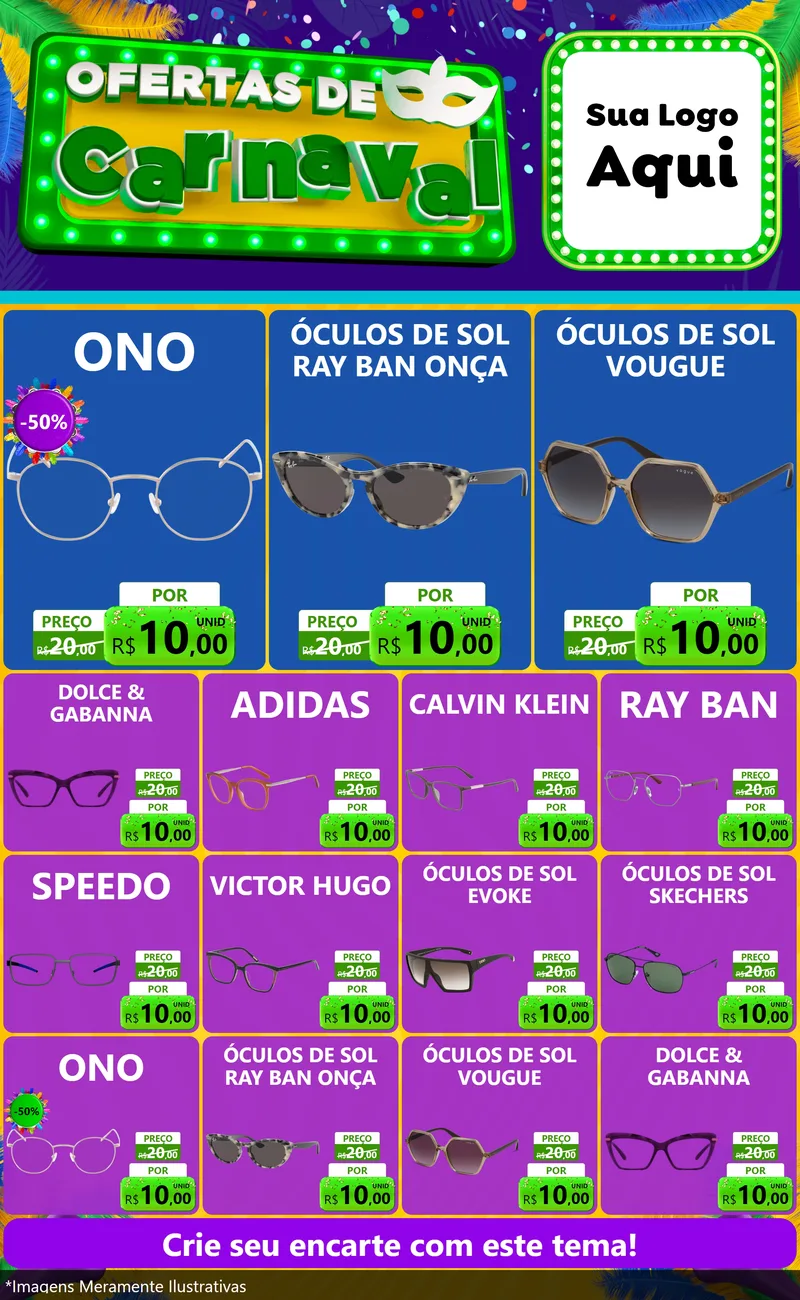 Modelo de Encarte para Encarte Grande com o tema Ofertas de Carnaval para Óticas