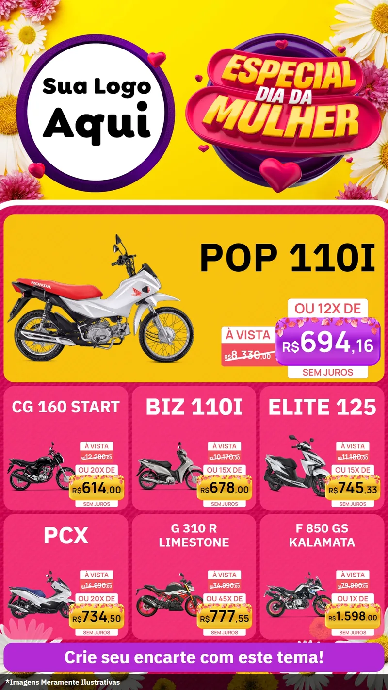 Modelo de Rede Social para Stories com o tema Especial Dia da Mulher para Concessionaria de Motos