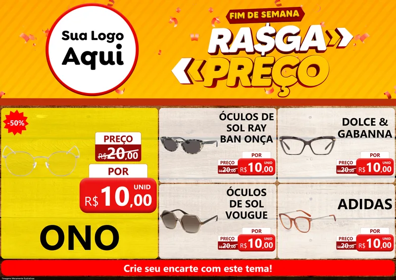 Modelo de Encarte para Encarte A4 Horizontal com o tema Fim de Semana Rasga Preços para Óticas