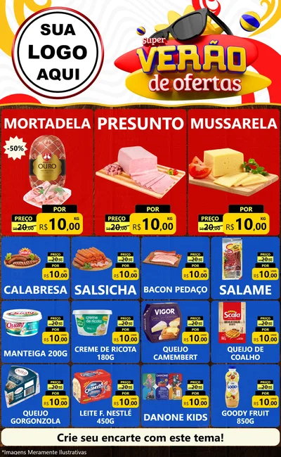 Modelo de Encarte para Encarte Grande com o tema Super Verão de Ofertas para Frios e Laticínios