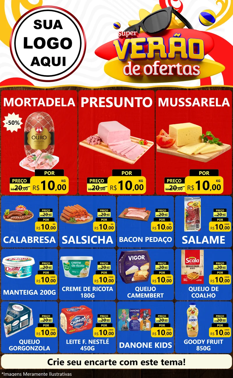 Modelo de Encarte para Encarte Grande com o tema Super Verão de Ofertas para Frios e Laticínios