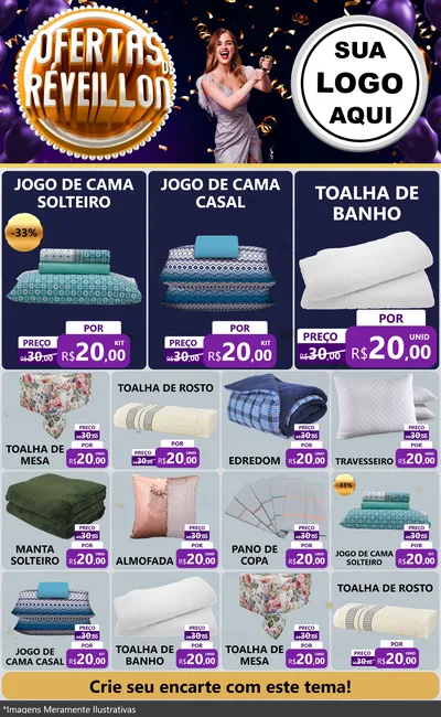 Modelo de Encarte para Encarte Grande com o tema Ofertas de Réveillon para Cama, Mesa e Banho