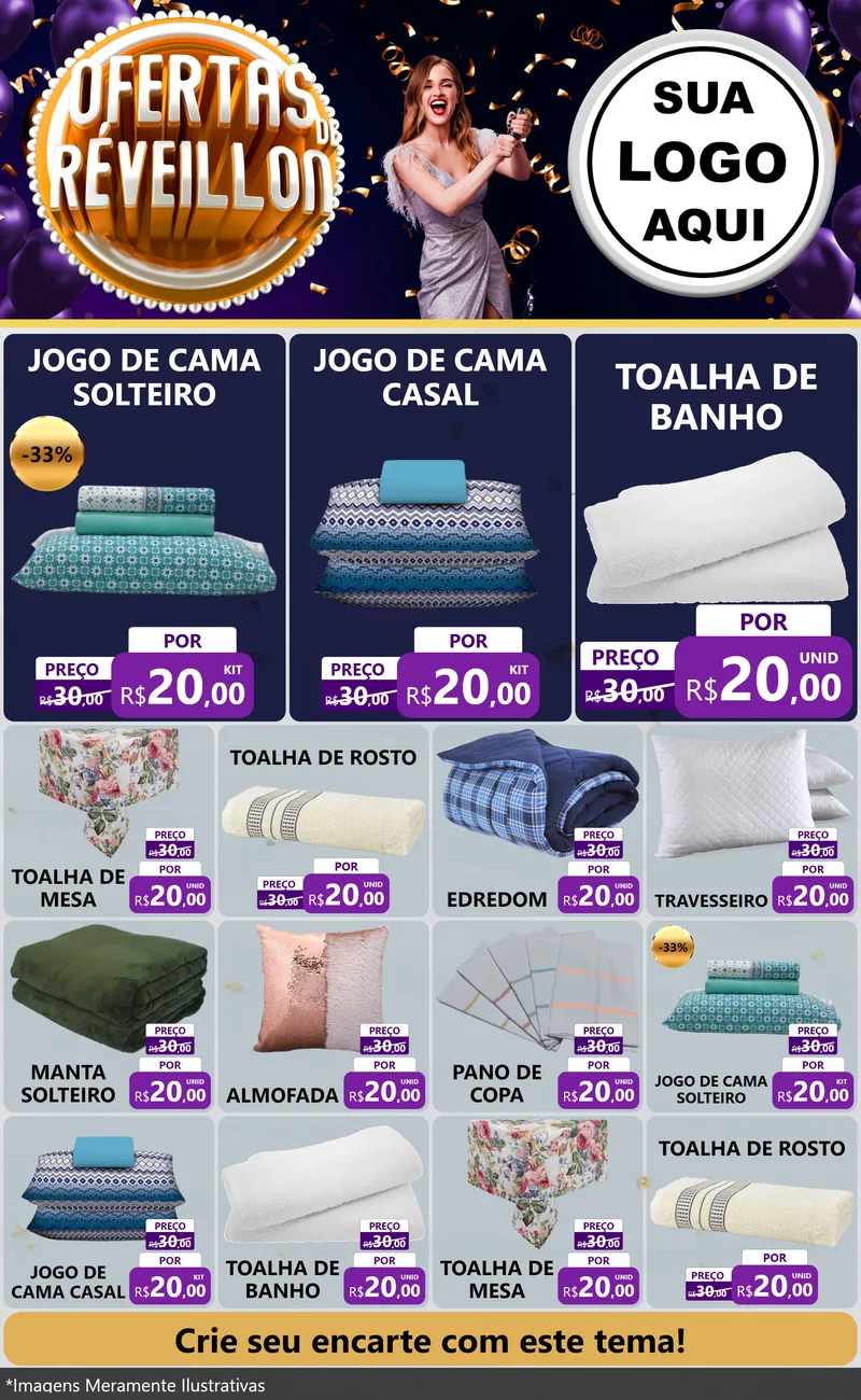 Modelo de Encarte para Encarte Grande com o tema Ofertas de Réveillon para Cama, Mesa e Banho