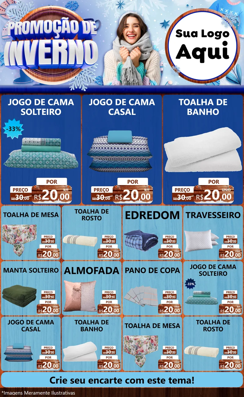 Modelo de Encarte para Encarte Grande com o tema Promoção de Inverno para Cama, Mesa e Banho