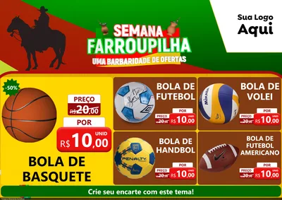 Modelo de Encarte para Encarte A4 Horizontal com o tema Semana Farroupilha - Uma Barbaridade de Ofertas para Artigos Esportivos