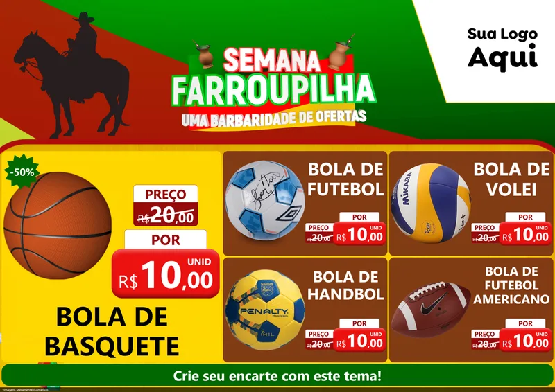 Modelo de Encarte para Encarte A4 Horizontal com o tema Semana Farroupilha - Uma Barbaridade de Ofertas para Artigos Esportivos