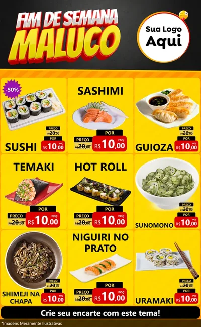 Modelo de Encarte para Encarte Grande com o tema Final de Semana Maluco para Comida japonesa