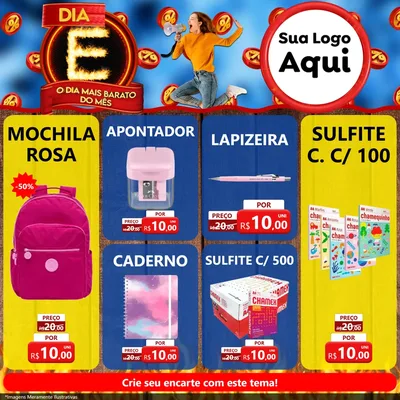 Modelo de Rede Social para Feed Facebook com o tema Dia E - O Dia Mais Barato Do Mês para Papelaria