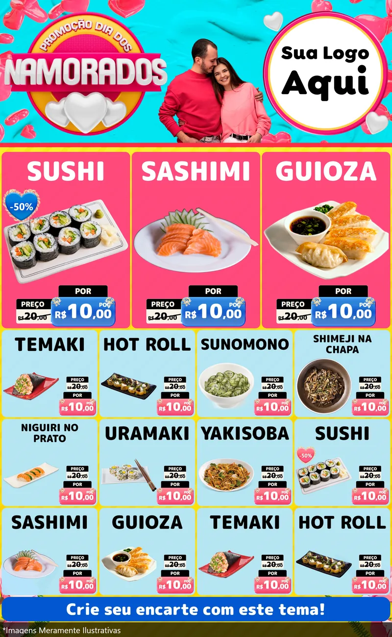 Modelo de Encarte para Encarte Grande com o tema Promoção Dia dos Namorados para Comida japonesa