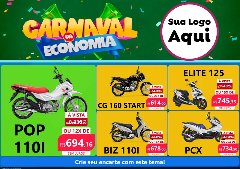 Modelo de Encarte para Encarte A4 Horizontal com o tema Carnaval da Economia para Concessionaria de Motos