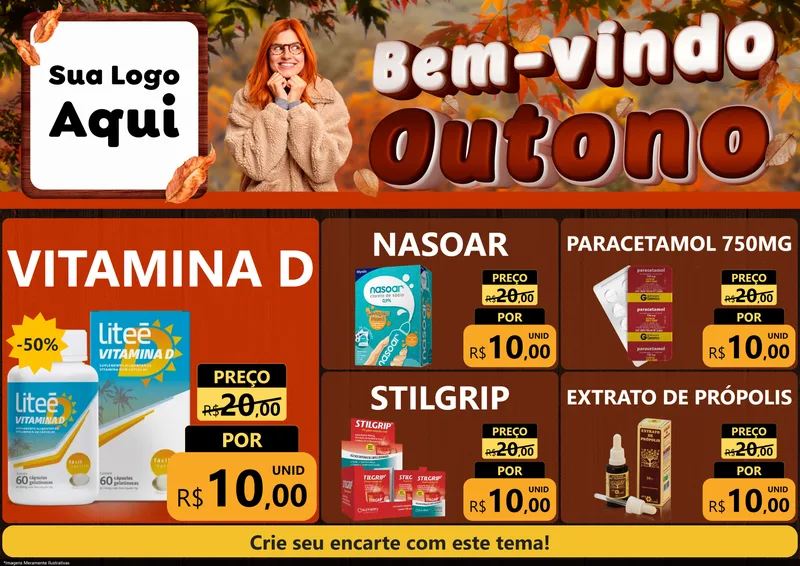 Modelo de Encarte para Encarte A4 Horizontal com o tema Bem-vindo Outono para Farmácia