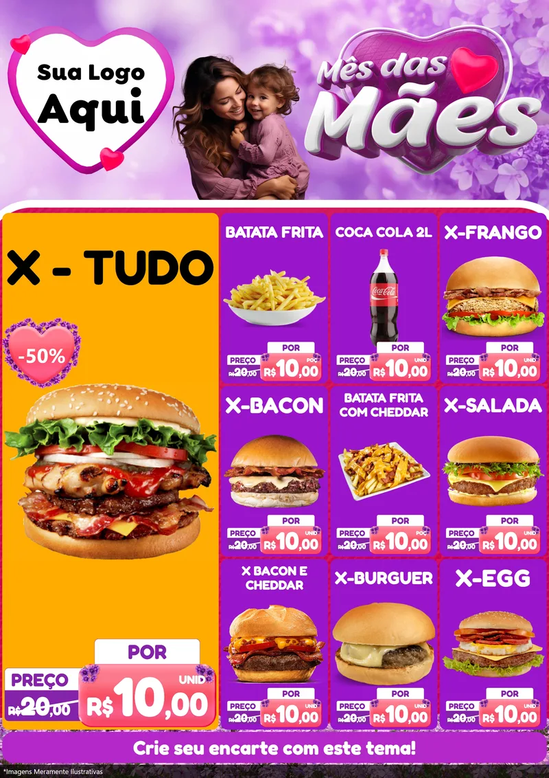 Modelo de Encarte para Encarte A4 Vertical com o tema Mês das Mães para Hamburgueria