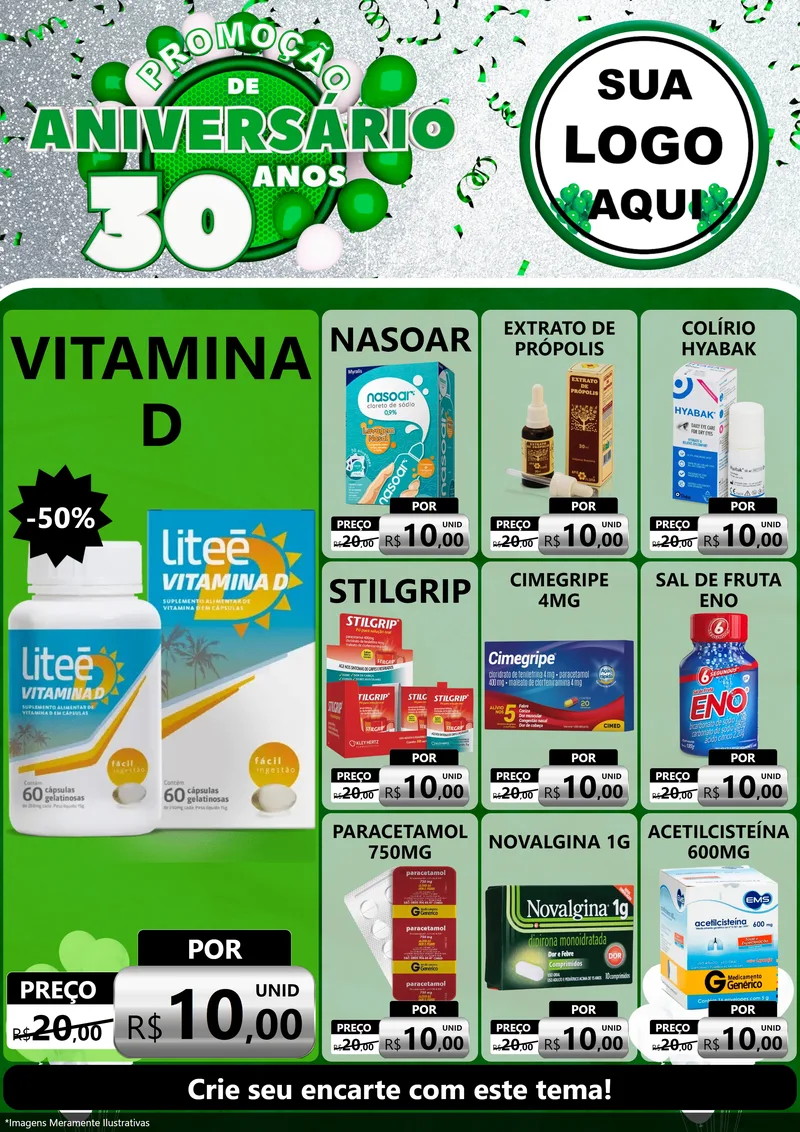 Modelo de Encarte para Encarte A4 Vertical com o tema Promoção de Aniversário - 30 Anos para Farmácia