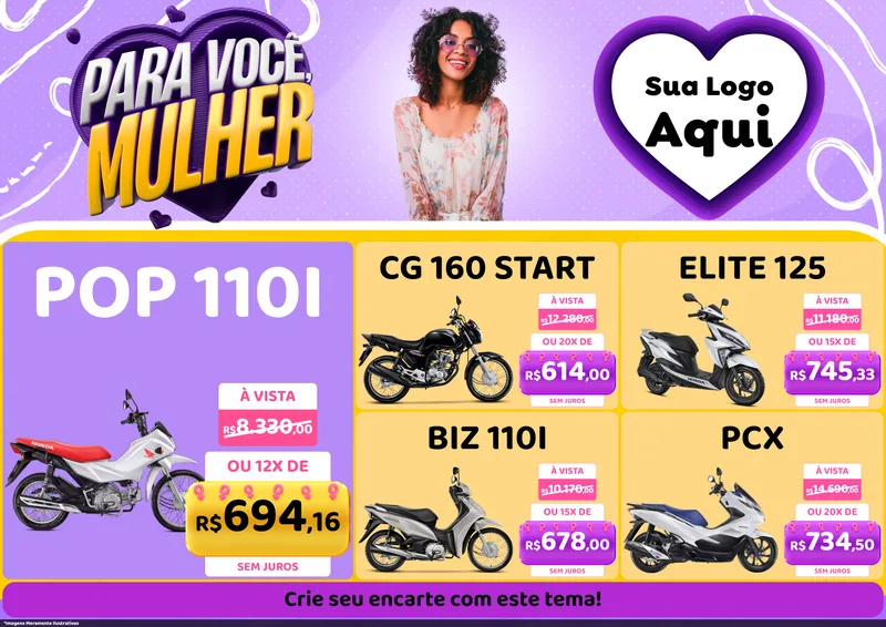Modelo de Encarte para Encarte A4 Horizontal com o tema Para Você, Mulher para Concessionaria de Motos