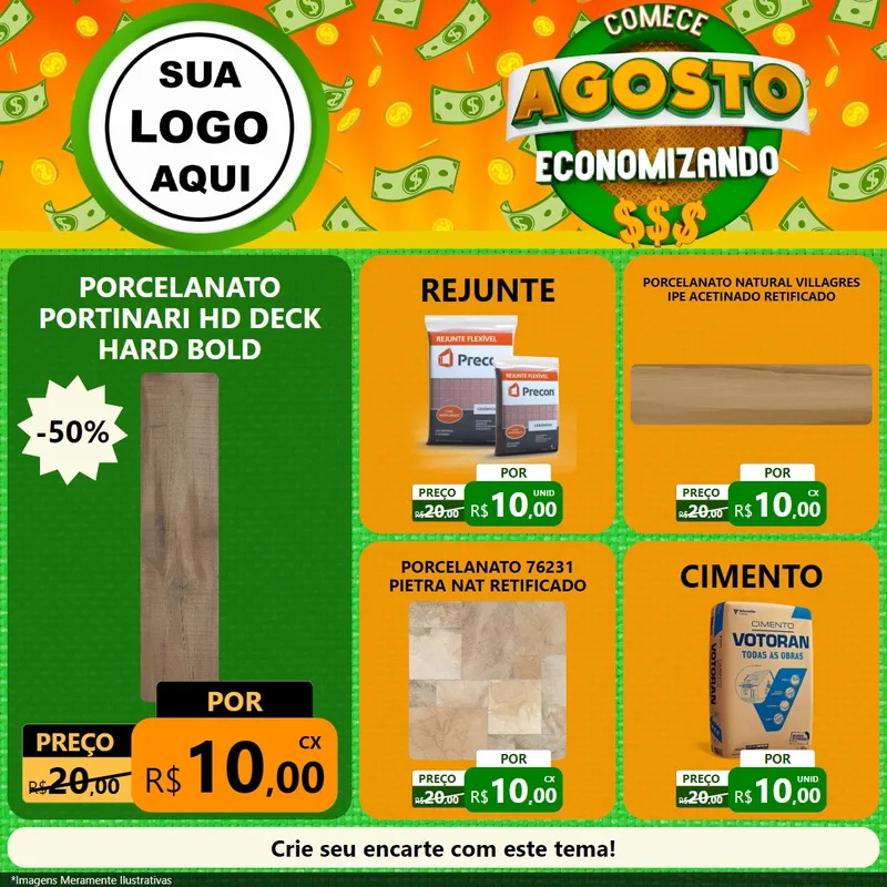 Modelo de Rede Social para Feed Facebook com o tema Comece Agosto Economizando para Pisos e revestimentos