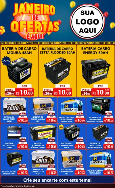 Modelo de Encarte para Encarte Grande com o tema Janeiro de Ofertas É Aqui! para Baterias Elétricas