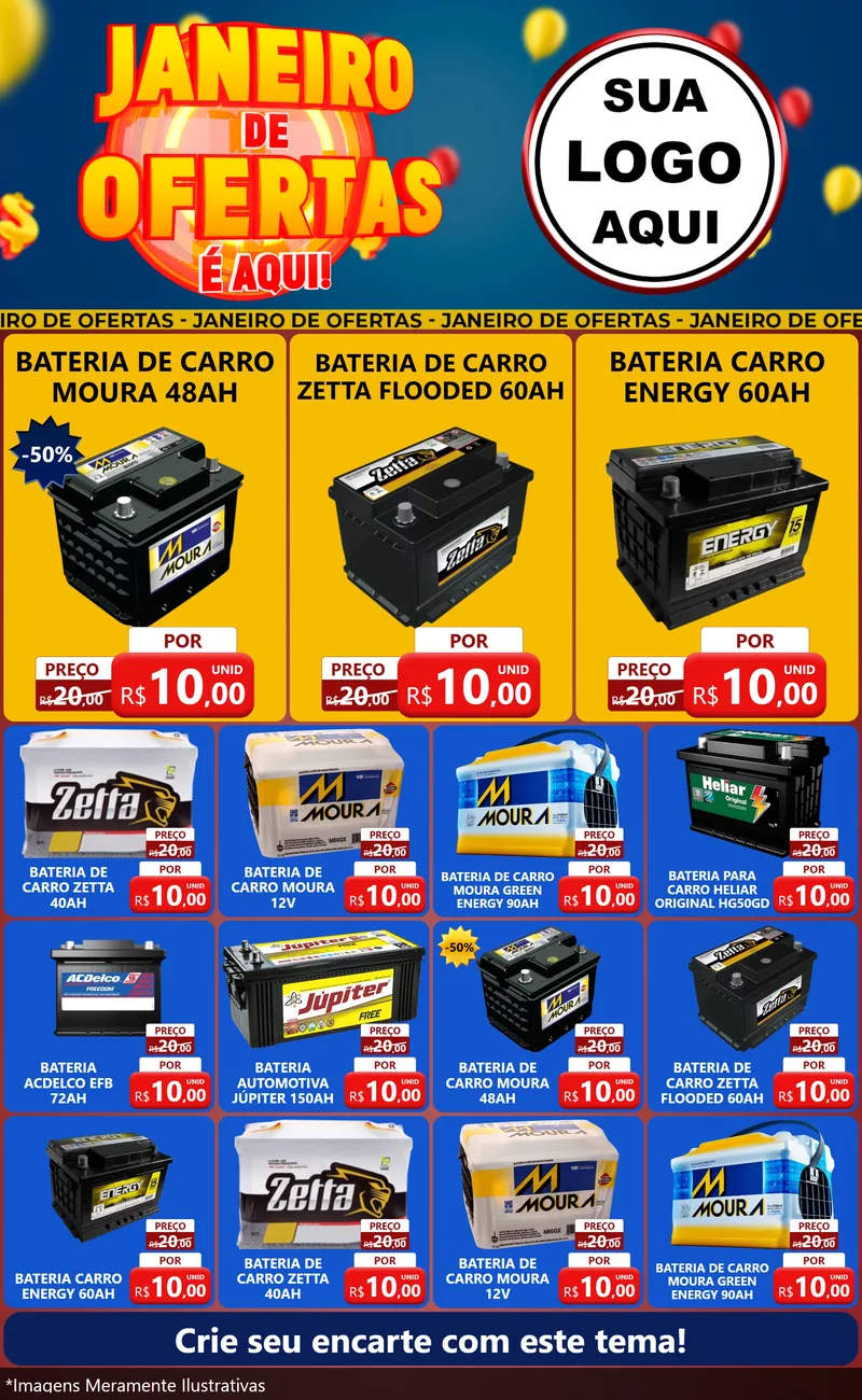 Modelo de Encarte para Encarte Grande com o tema Janeiro de Ofertas É Aqui! para Baterias Elétricas