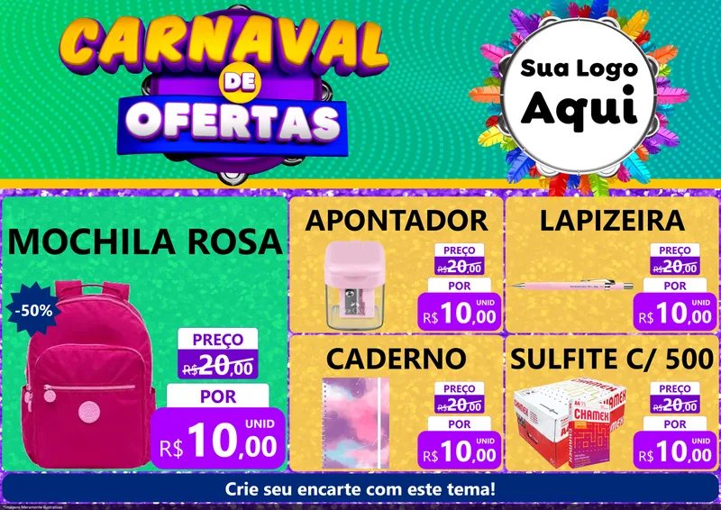 Modelo de Encarte para Encarte A4 Horizontal com o tema Carnaval de Ofertas para Papelaria