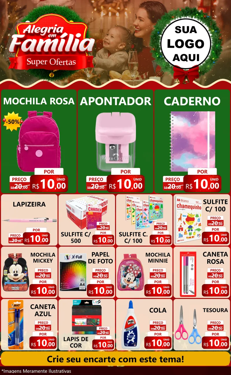 Modelo de Encarte para Encarte Grande com o tema Alegria Em Família - Super Ofertas para Papelaria