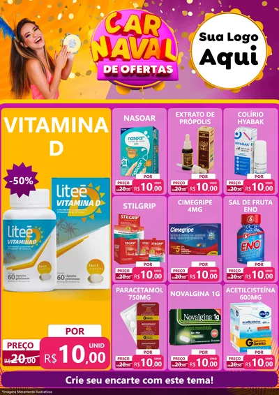 Modelo de Encarte para Encarte A4 Vertical com o tema Carnaval de Ofertas para Farmácia
