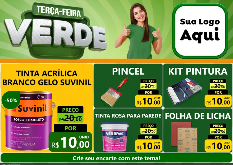 Modelo de Encarte para Encarte A4 Horizontal com o tema Terça - Feira Verde para Tintas e Ferramentas