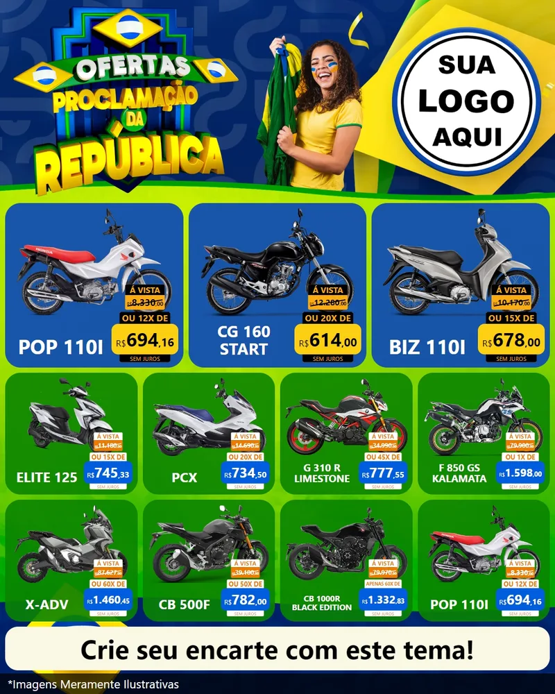 Modelo de Rede Social para Feed Instagram com o tema Ofertas Proclamação da República para Concessionaria de Motos