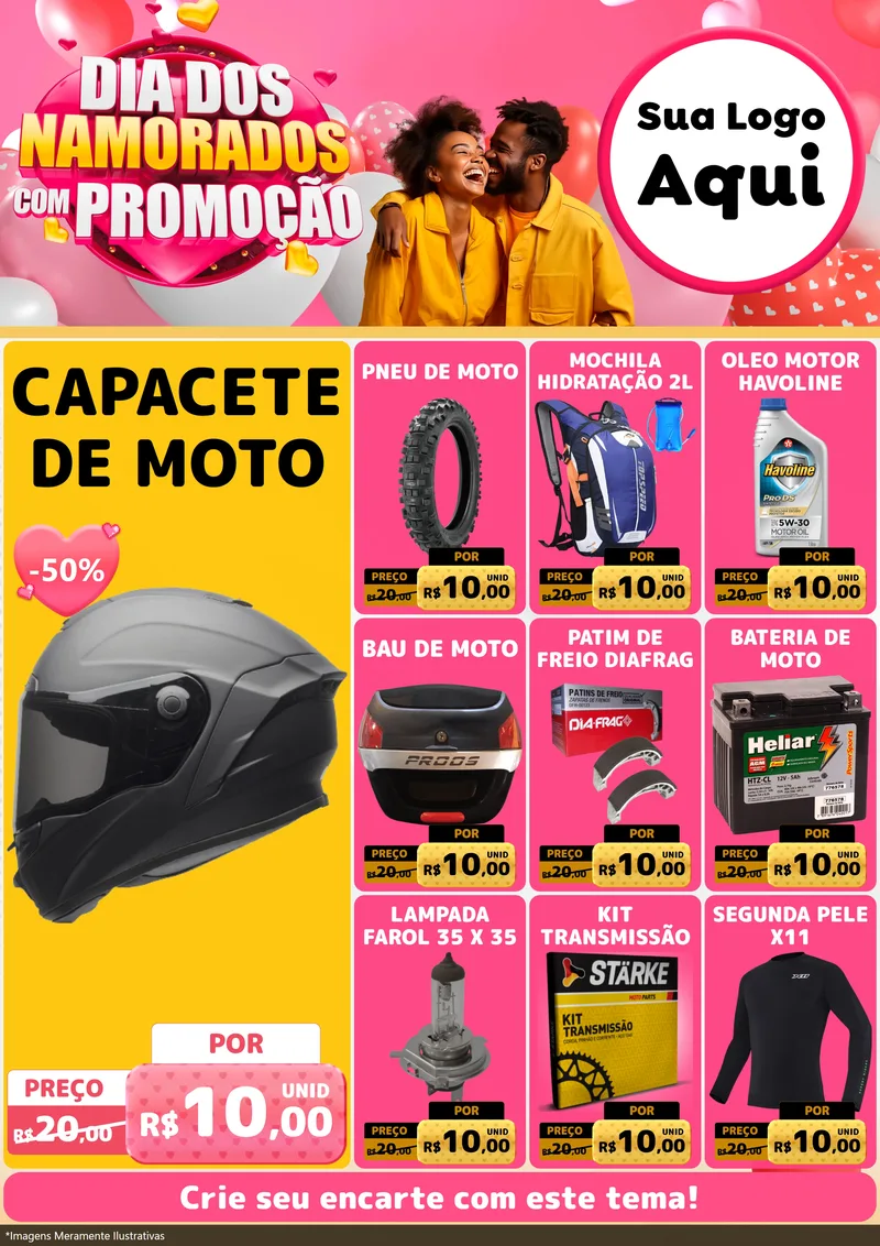 Modelo de Encarte para Encarte A4 Vertical com o tema Dia dos Namorados com Promoção para Moto peças