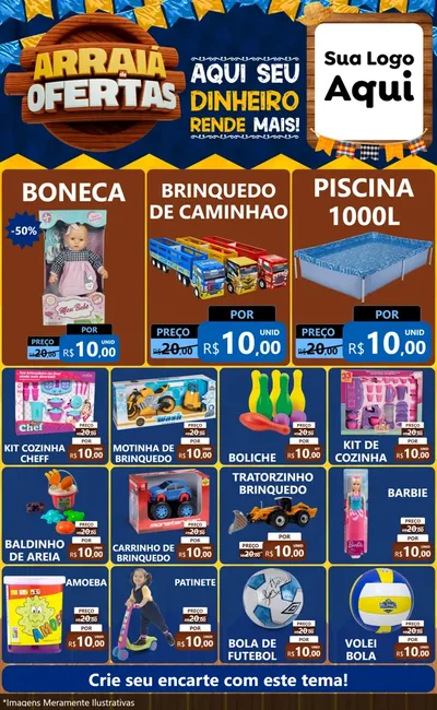 Modelo de Encarte para Encarte Grande com o tema Arraiá de Ofertas - Junina para Brinquedos
