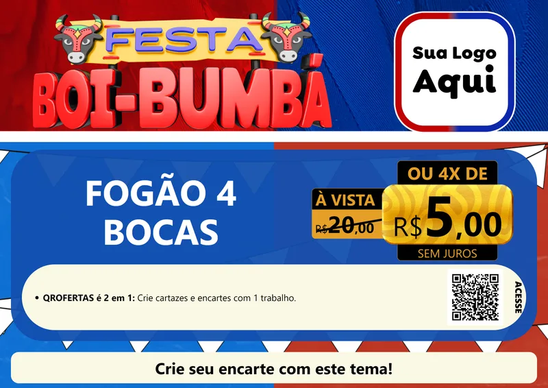Modelo de Cartaz para Cartaz A4 Horizontal com o tema Festa Boi Bumbá para Móveis e Eletro