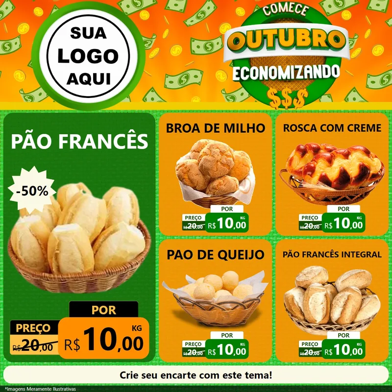 Modelo de Rede Social para Feed Facebook com o tema Comece Outubro Economizando para Padaria