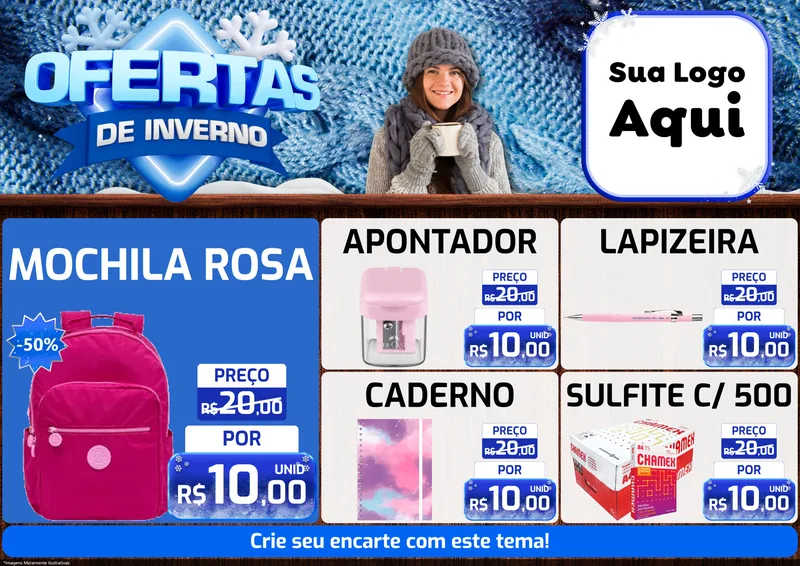 Modelo de Encarte para Encarte A4 Horizontal com o tema Ofertas de Inverno para Papelaria