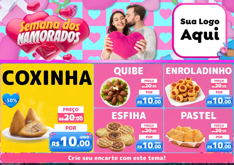 Modelo de Encarte para Encarte A4 Horizontal com o tema Semana dos Namorados para Salgadaria