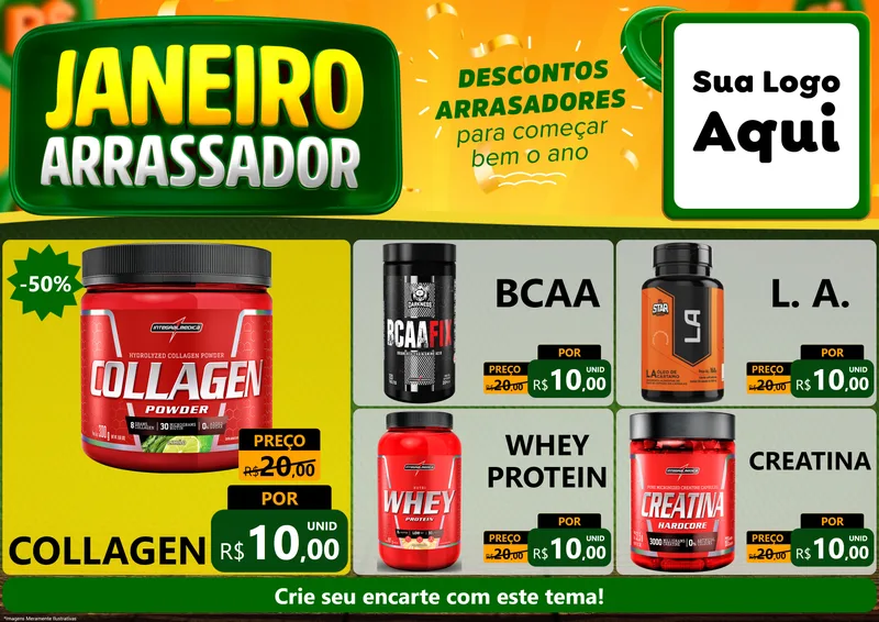 Modelo de Encarte para Encarte A4 Horizontal com o tema Janeiro Arrasador para Suplementos alimentares