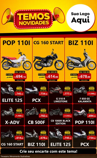 Modelo de Encarte para Encarte Grande com o tema Temos Novidades para Concessionaria de Motos
