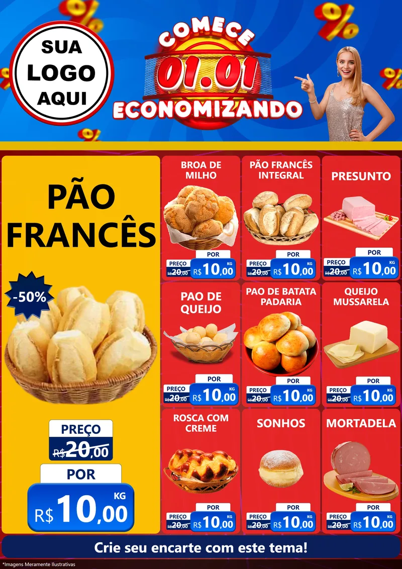 Modelo de Encarte para Encarte A4 Vertical com o tema Comece 1º de Janeiro Economizando para Padaria