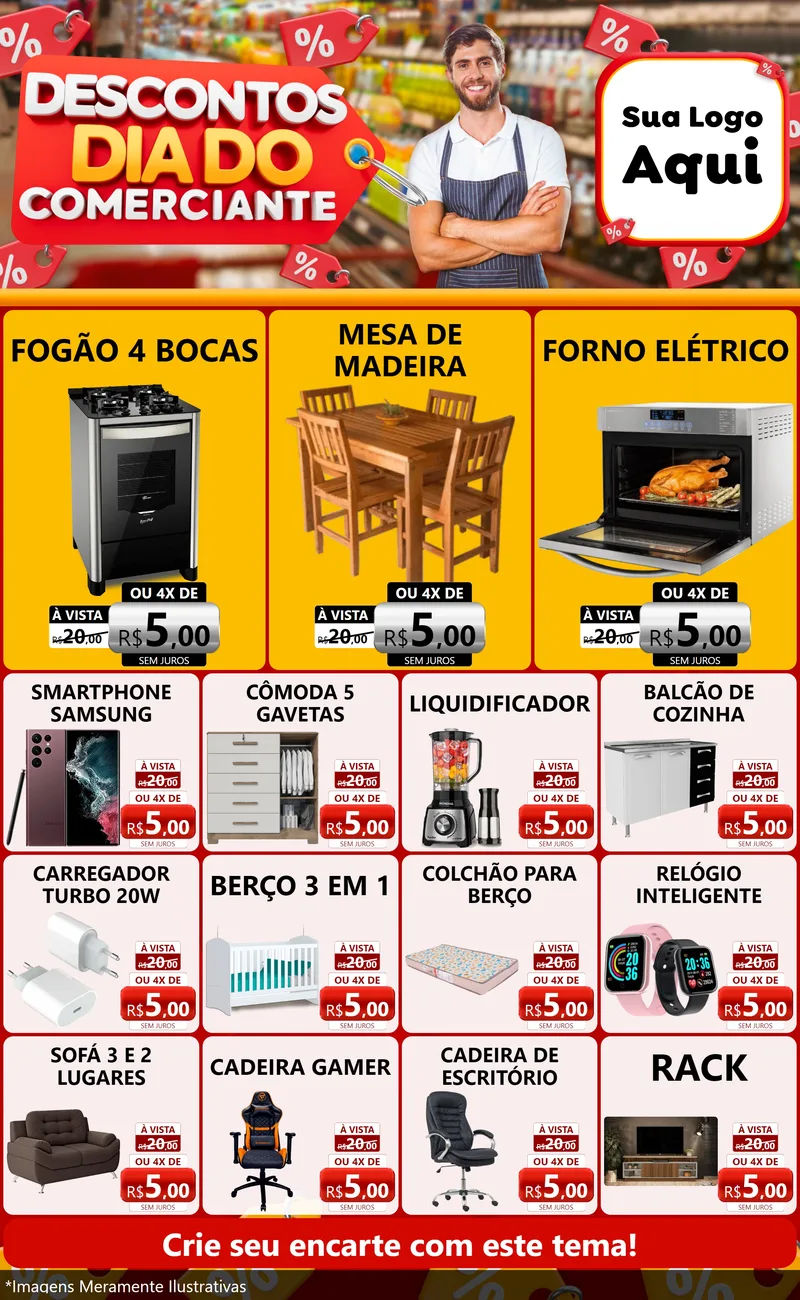 Modelo de Encarte para Encarte Grande com o tema Descontos Dia do Comerciante para Móveis e Eletro