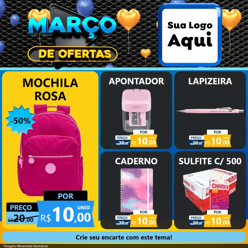 Modelo de Rede Social para Feed Facebook com o tema Março de Ofertas para Papelaria