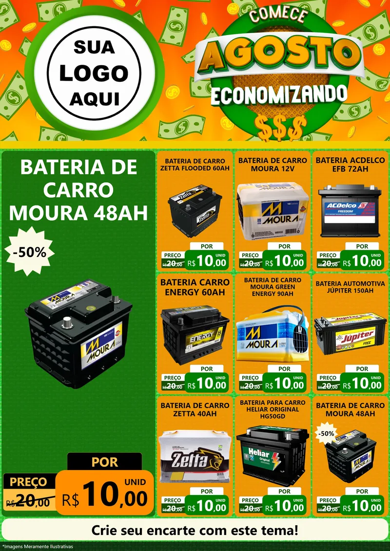 Modelo de Encarte para Encarte A4 Vertical com o tema Comece Agosto Economizando para Baterias Elétricas