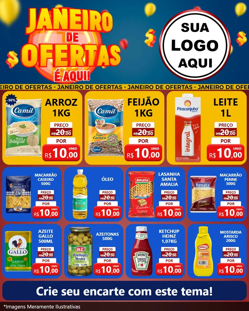 Modelo de Rede Social para Feed Instagram com o tema Janeiro de Ofertas É Aqui! para Supermercado