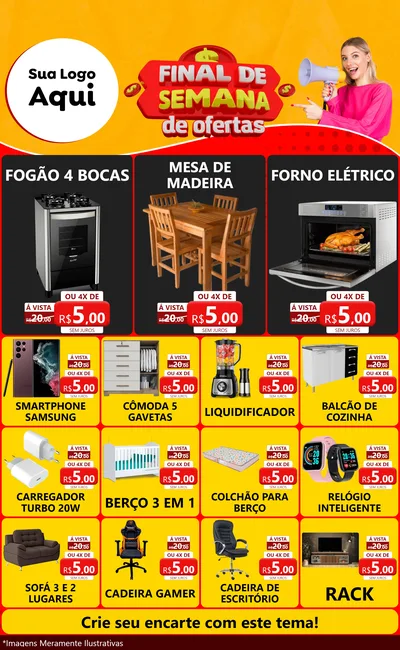 Modelo de Encarte para Encarte Grande com o tema Final de Semana de Ofertas para Móveis e Eletro