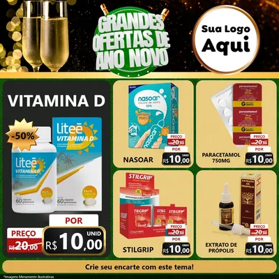 Modelo de Rede Social para Feed Facebook com o tema Grandes Ofertas de Ano Novo para Farmácia