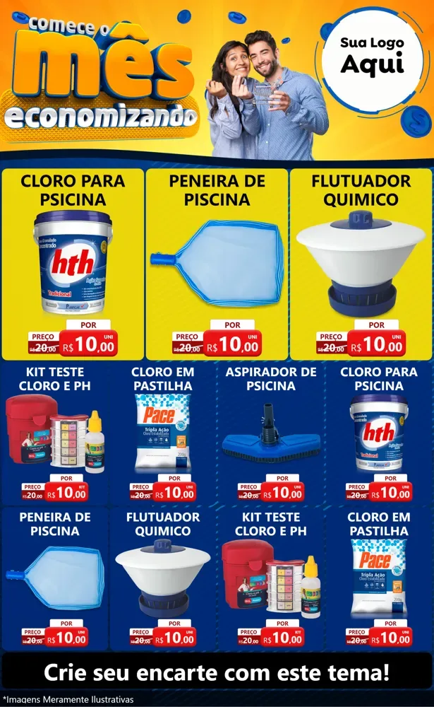 Modelo de Encarte para Encarte Grande com o tema Comece O Mês Economizando para Produtos para Piscina