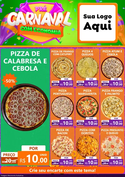 Modelo de Encarte para Encarte A4 Vertical com o tema Pré-Carnaval Com Economia para Pizzaria
