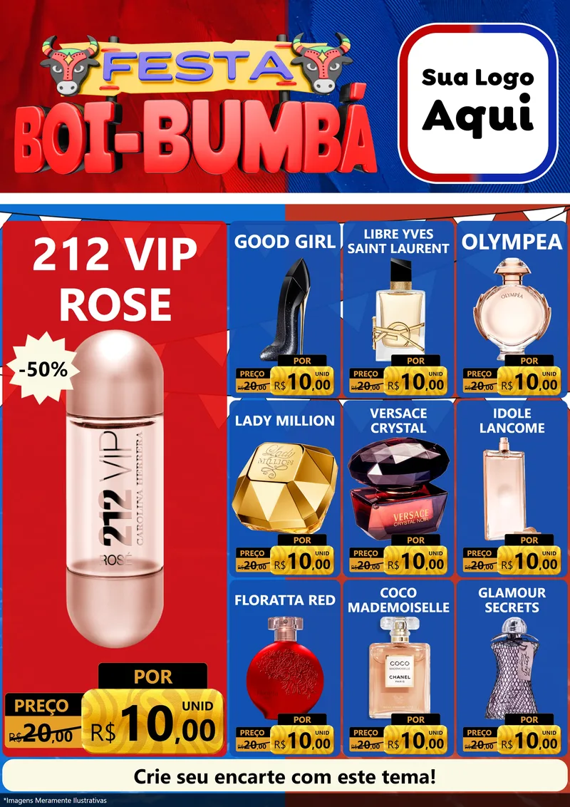 Modelo de Encarte para Encarte A4 Vertical com o tema Festa Boi Bumbá para Perfumes