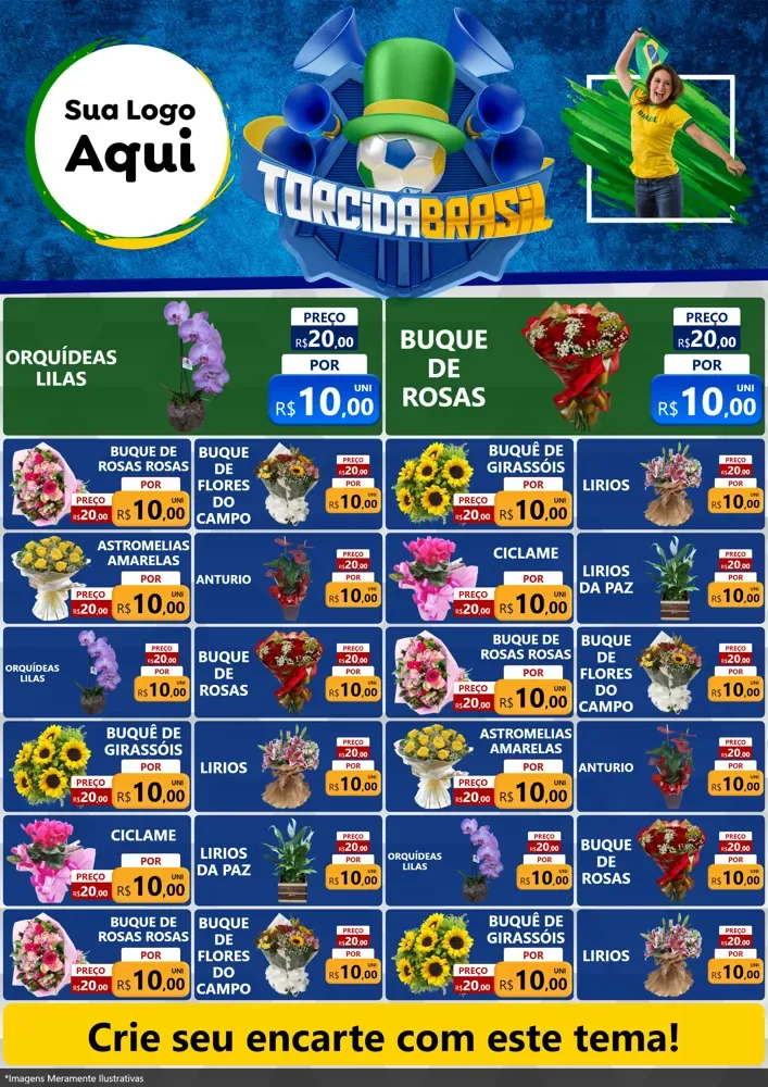Modelo de Encarte para Encarte A4 Vertical com o tema Torcida Brasil - Copa para Floricultura e jardim